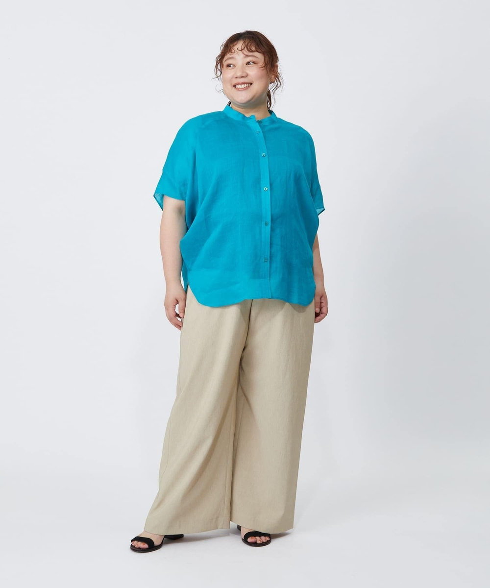 MOGA Lサイズ（大きいサイズ） 【大きいサイズ】プレミアムラミーツイルバンドカラーシャツ ターコイズブルー