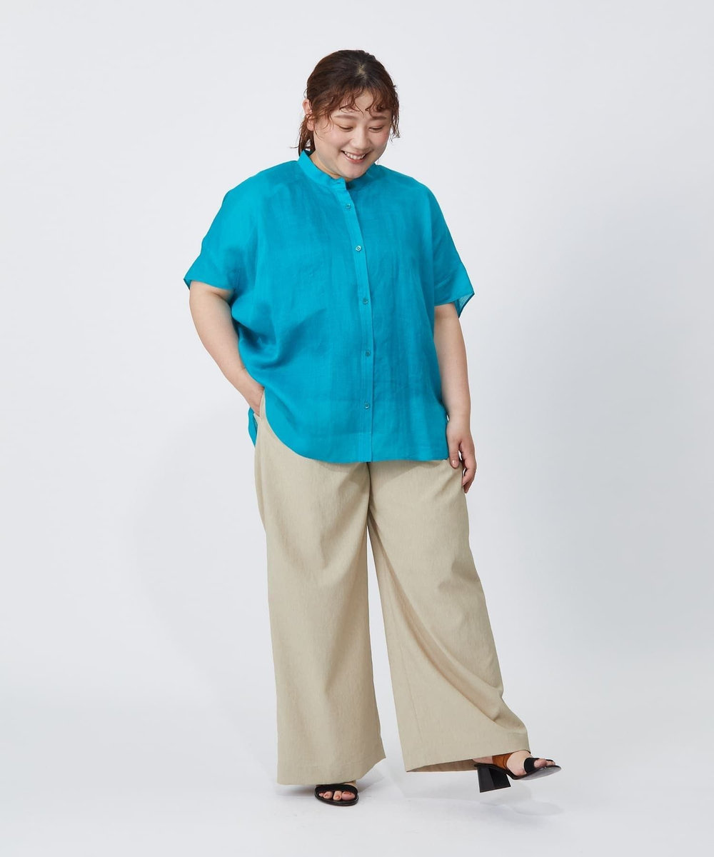 MOGA Lサイズ（大きいサイズ） 【大きいサイズ】プレミアムラミーツイルバンドカラーシャツ ターコイズブルー