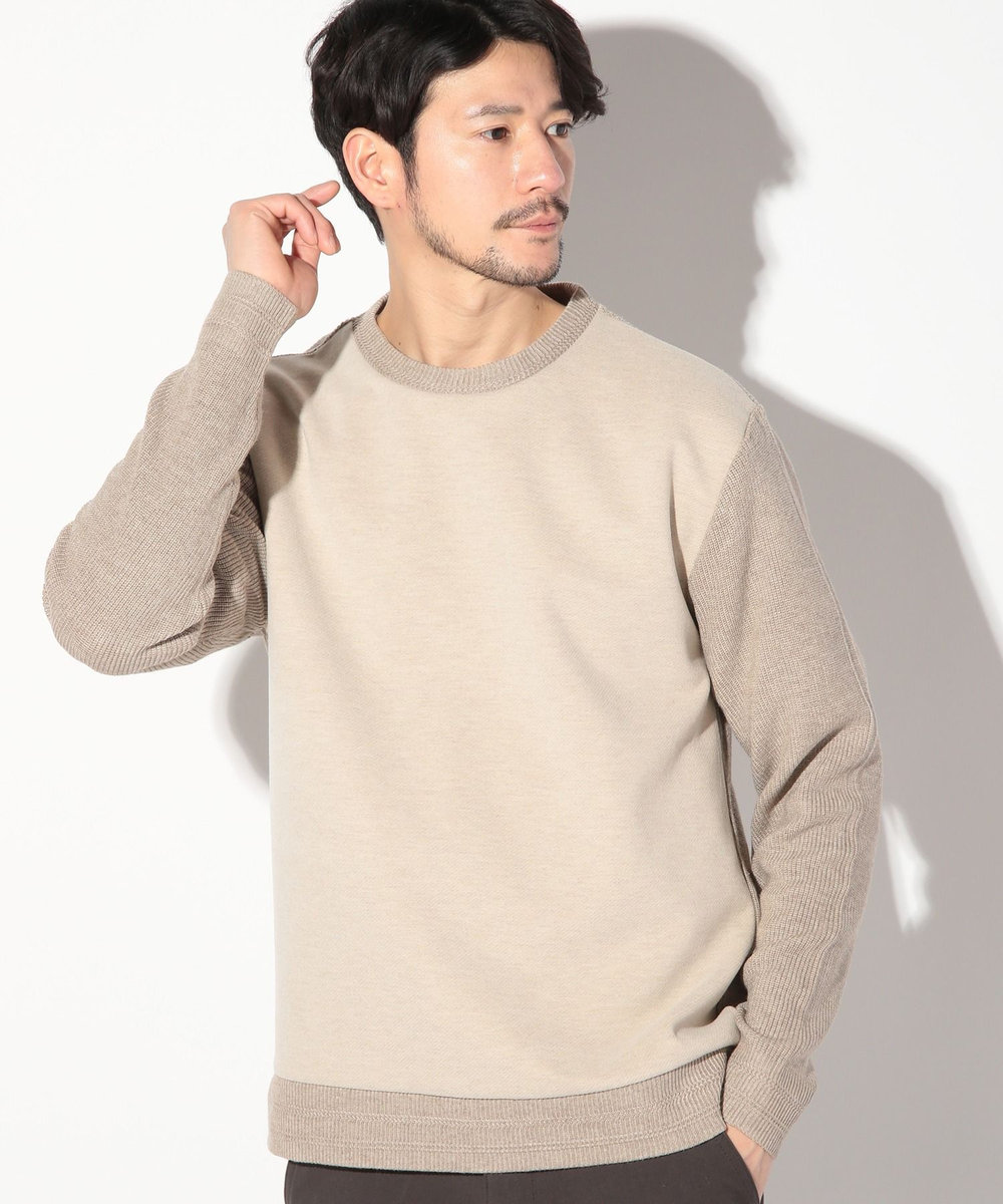 UNION STATION カルゼ杢ダンボール×ウール混畦ニットクルーネックロンT ベージュ