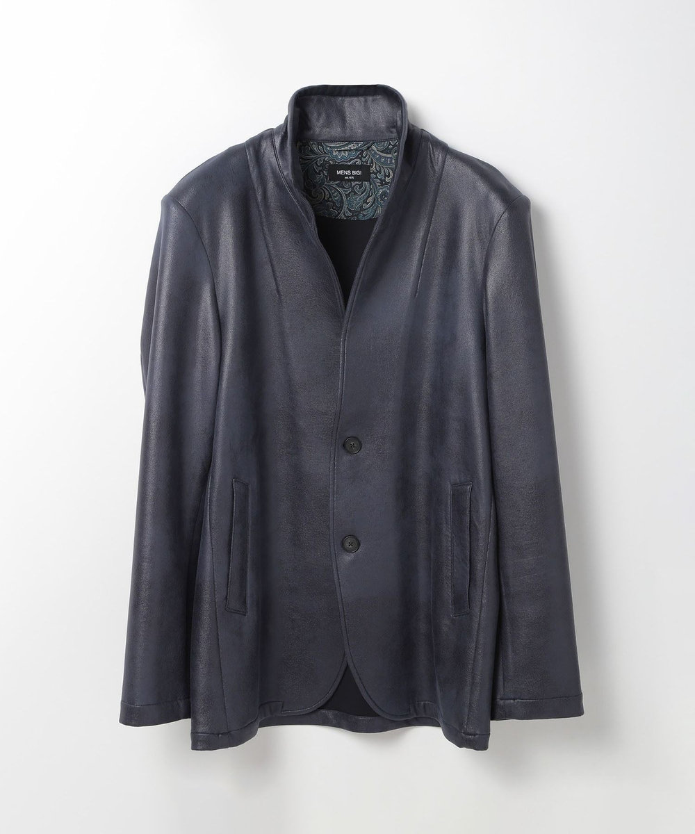 MEN'S BIGI レザー調ダンボールジャージスタンドカラージャケット ネイビー