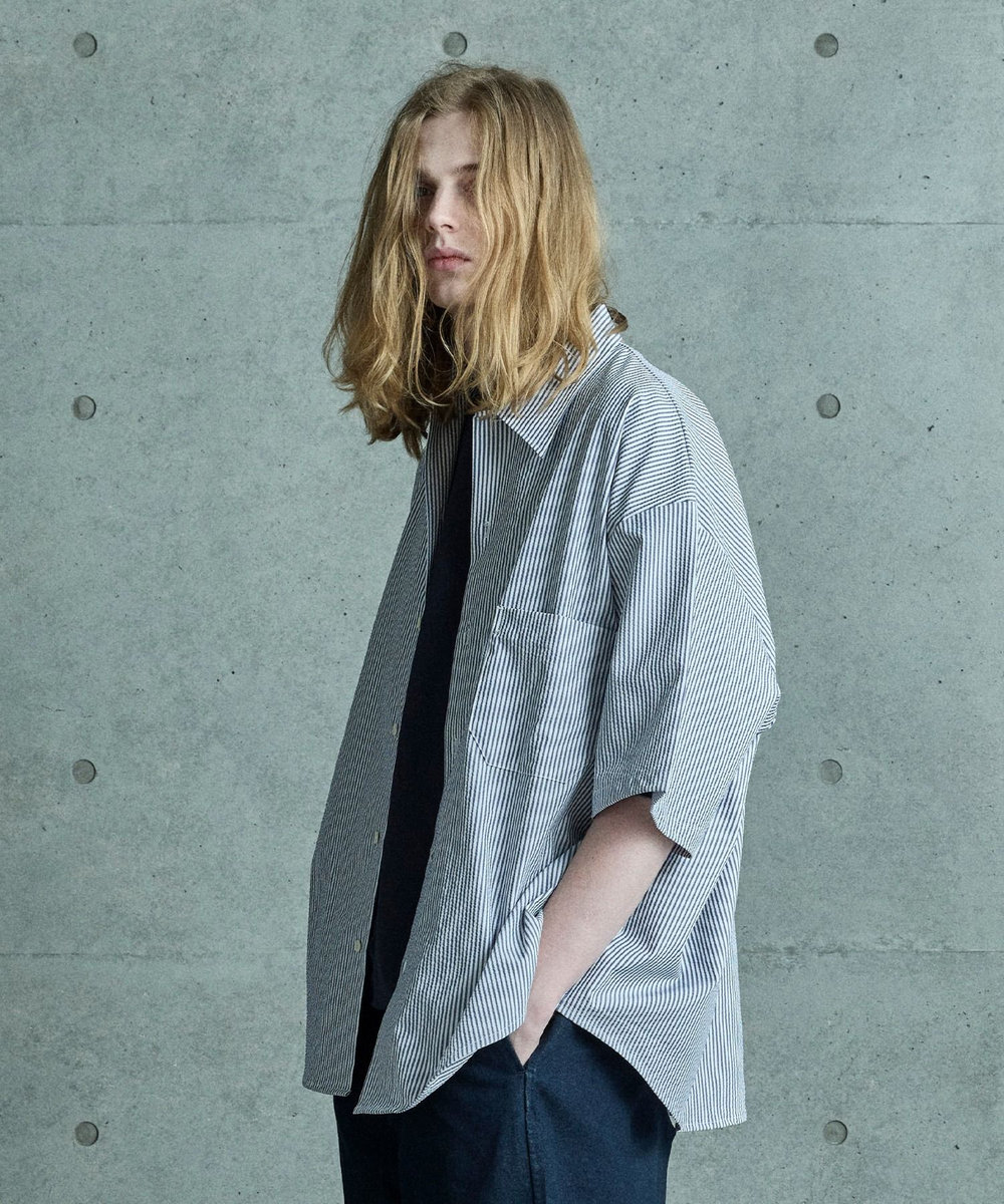 MEN'S BIGI 4WAYサッカーストライプシャツ<ストレッチ><EASY CARE> ブルー