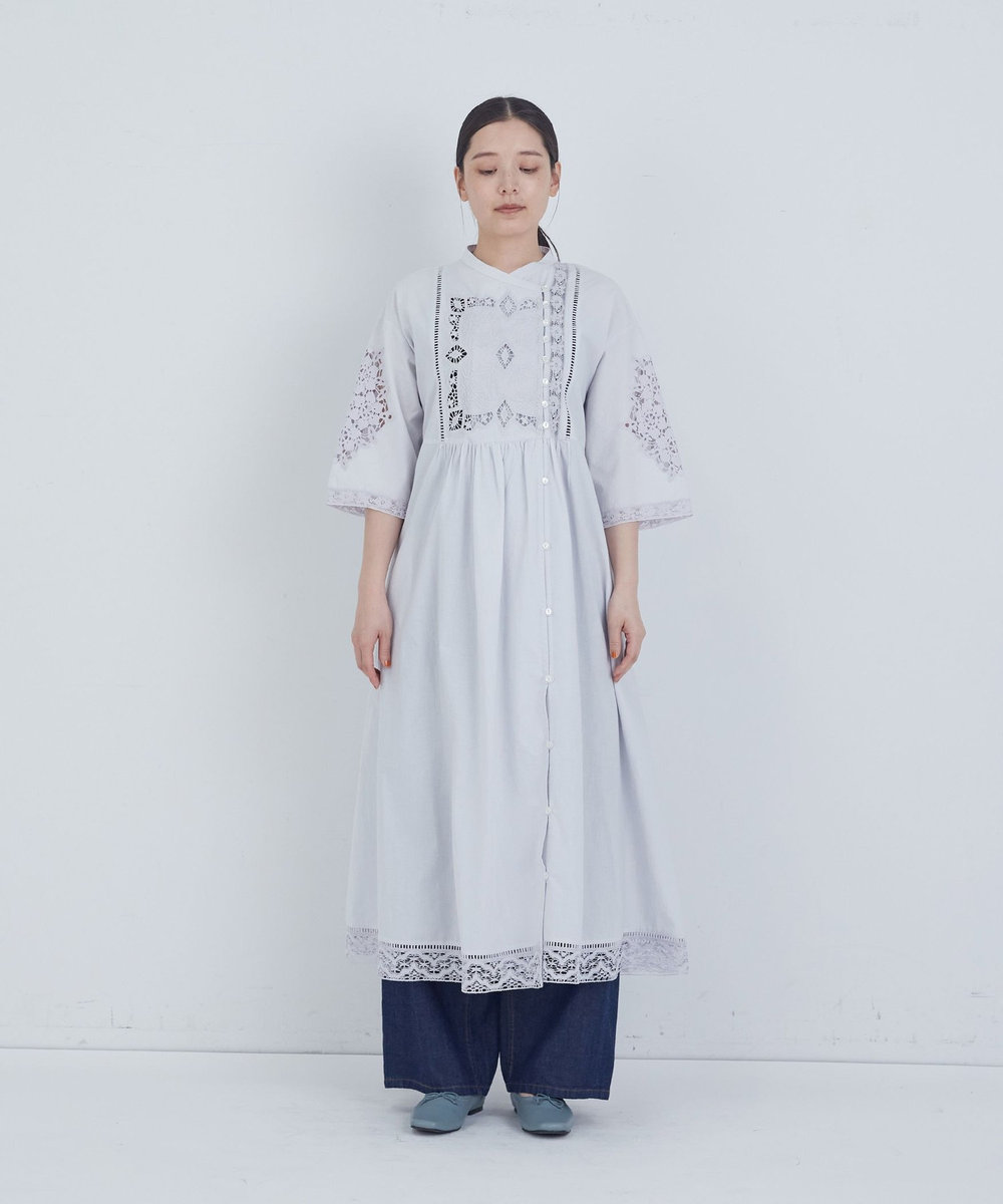 ADIEU TRISTESSE ポプリン刺繍ワンピース ブルーグレー