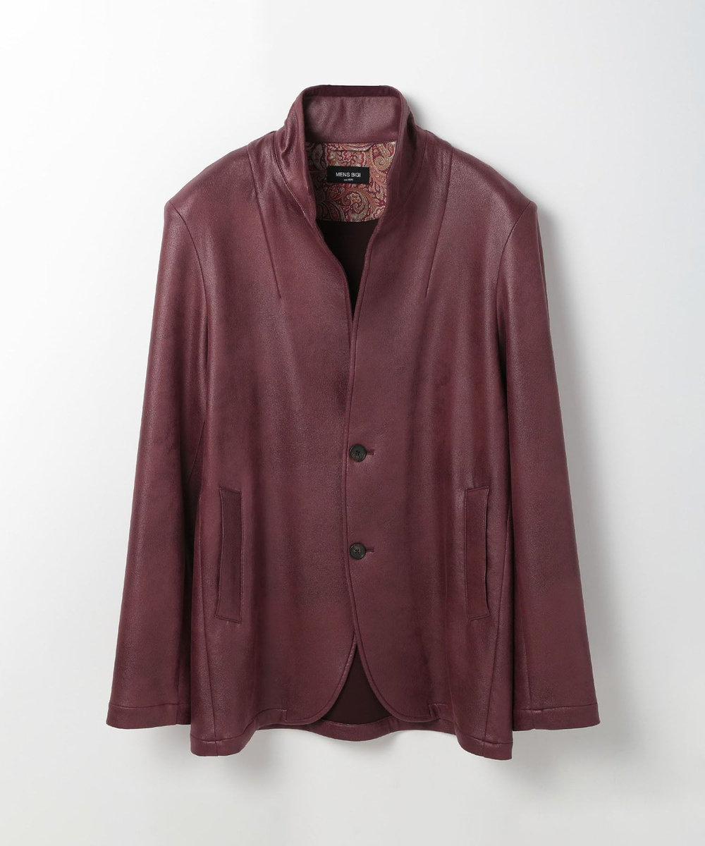 MEN'S BIGI レザー調ダンボールジャージスタンドカラージャケット ボルドー