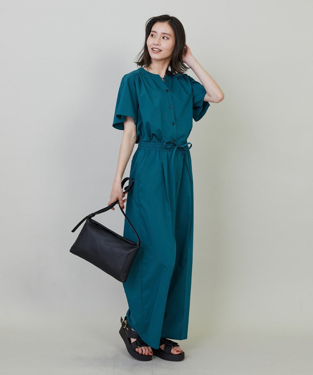 L'EQUIPE ミストプレーンストレッチワイドパンツ ブルーグリーン