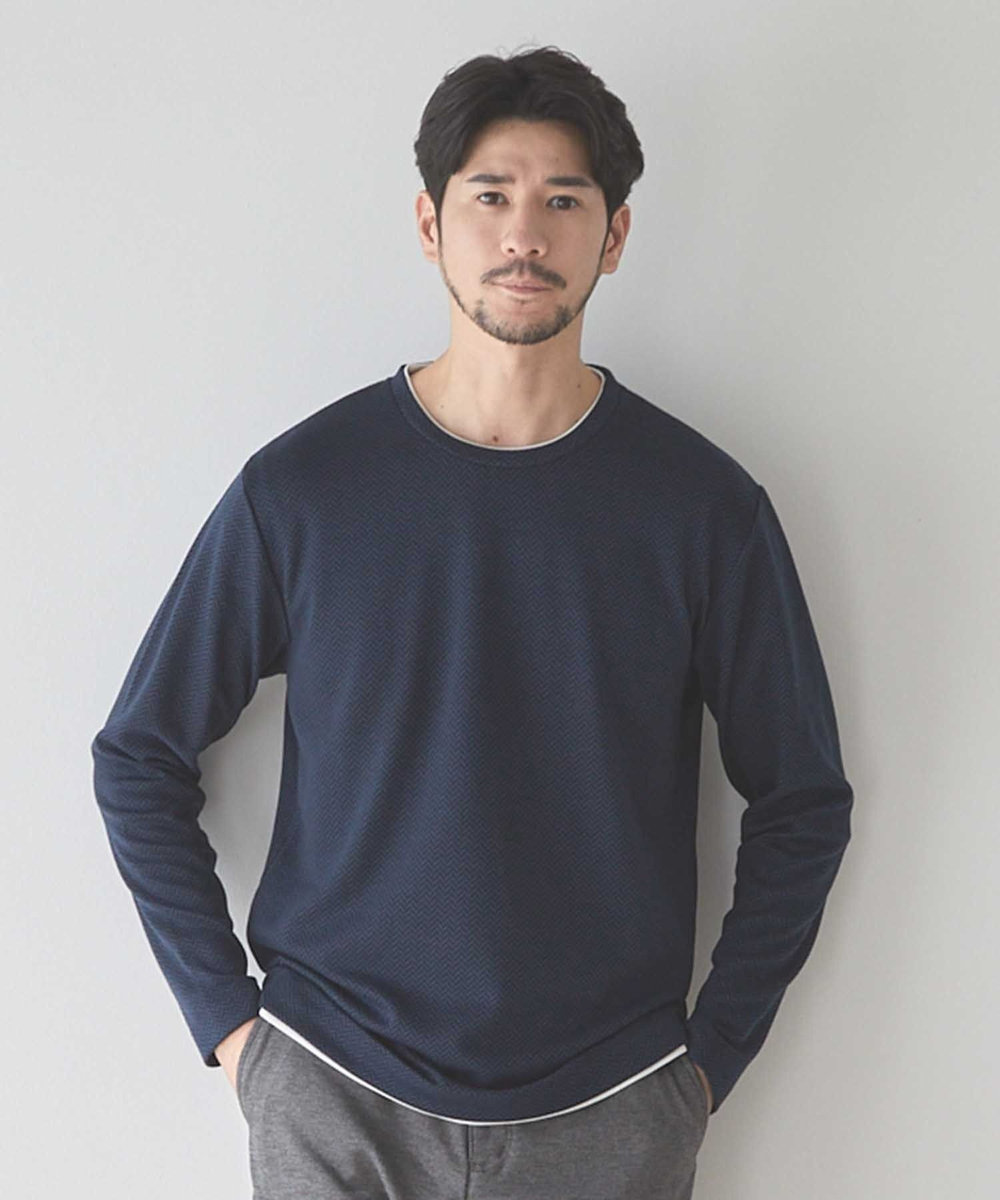 UNION STATION ウェーブジャガード柄フェイクレイヤードクルーTee ネイビー