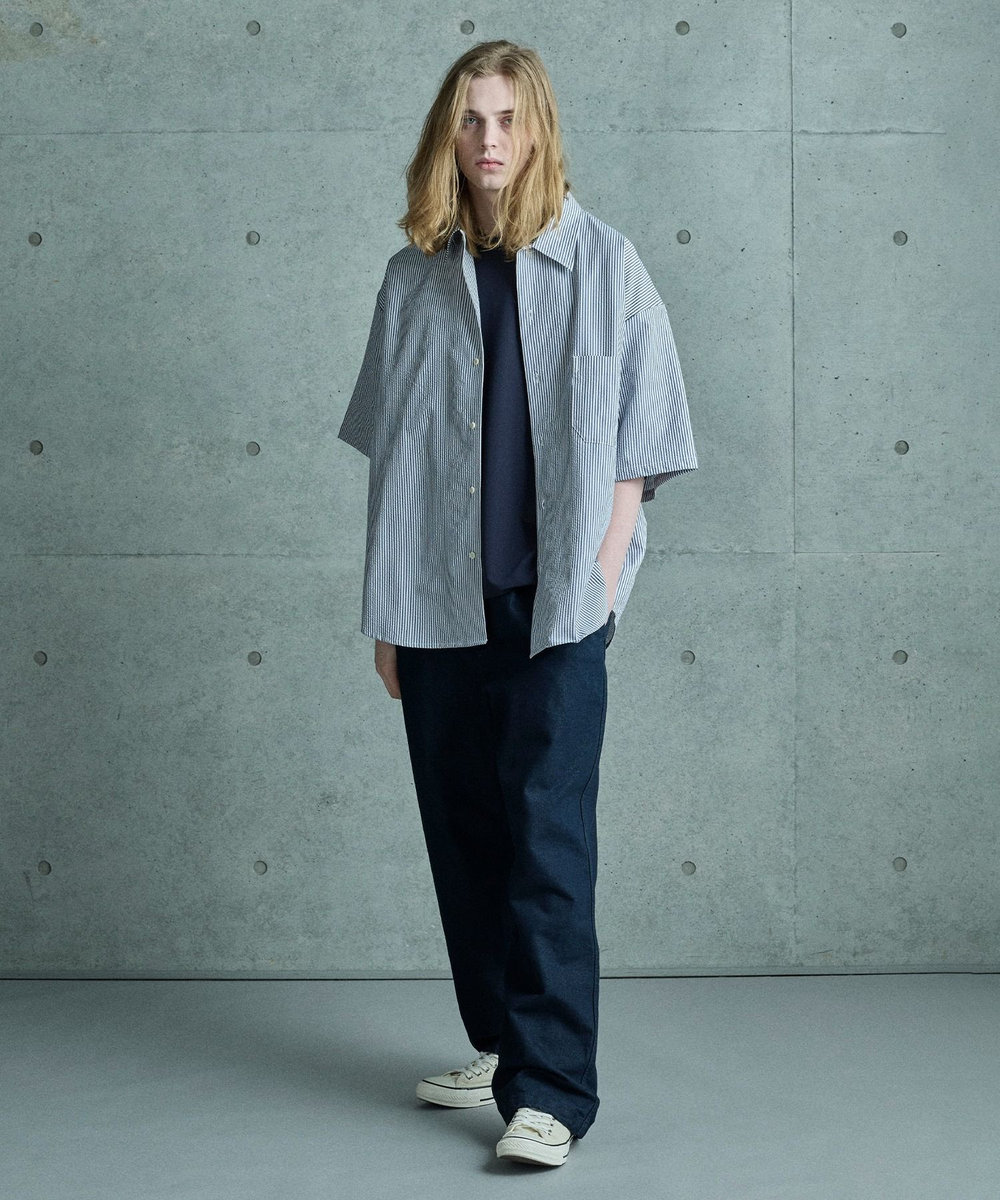 MEN'S BIGI 4WAYサッカーストライプシャツ<ストレッチ><EASY CARE> ブルー