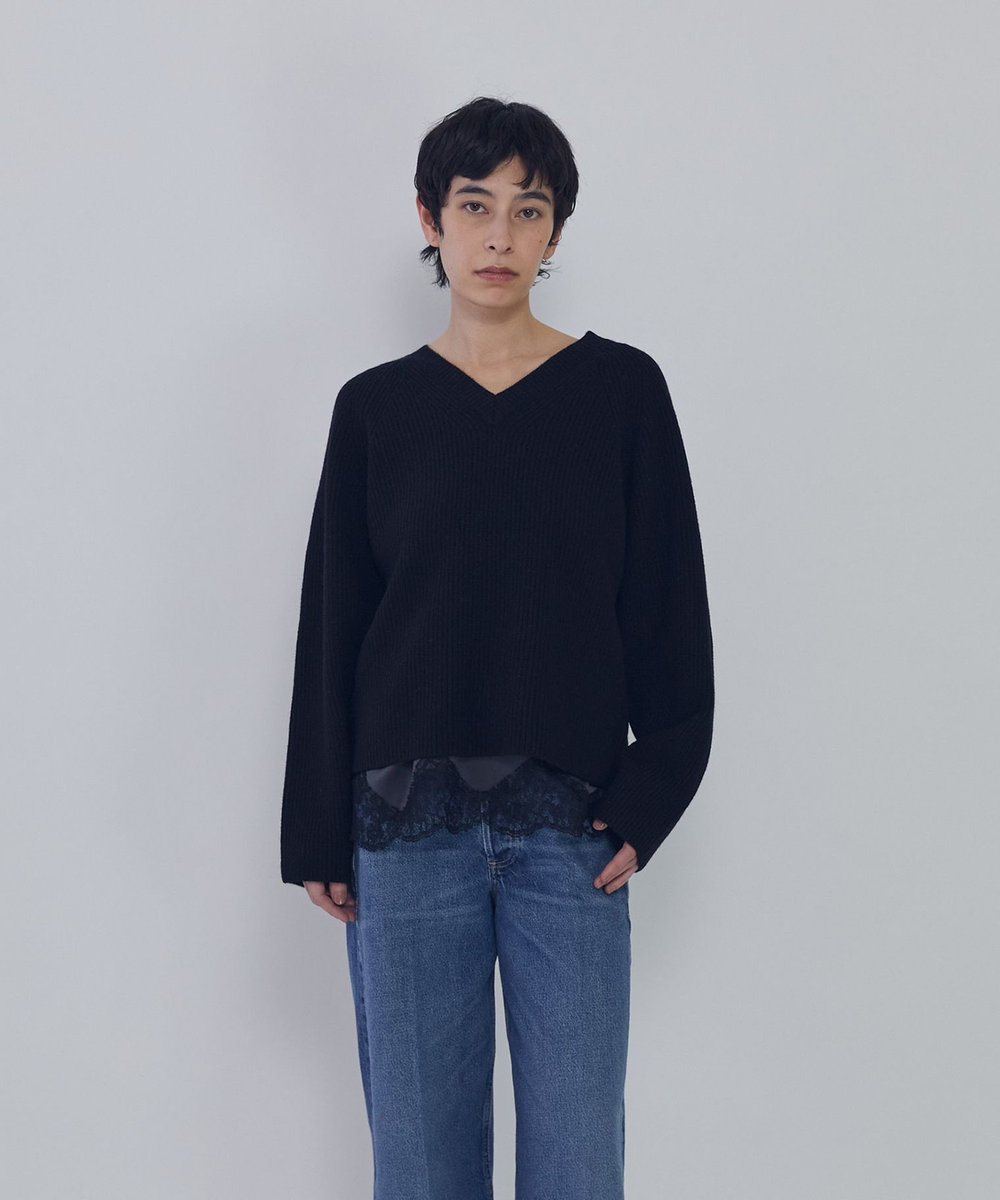 1er Arrondissement ウールナイロン畦Vネックプルオーバー ブラック