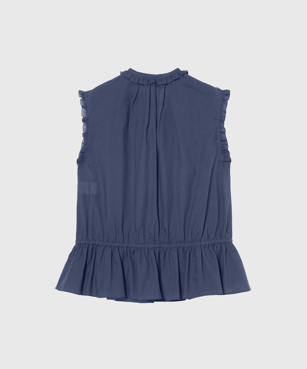 DÉPAREILLÉ RAMIE COTTON SLEEVELESS FRILL BLOUSE / ラミーコットンスリーブレスフリルブラウス ブルー