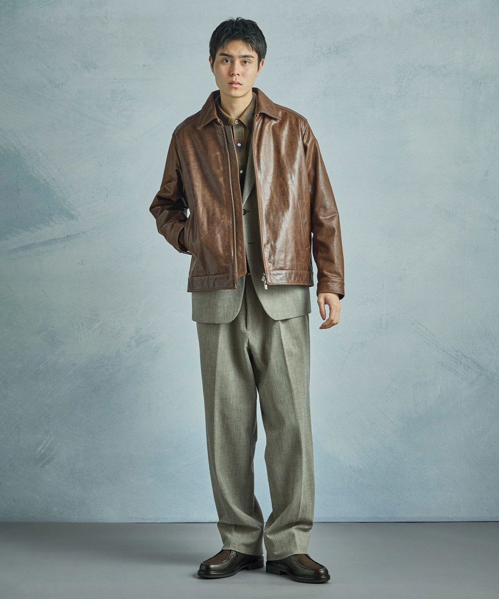 MEN'S BIGI 二重織ヘリンボーン テーパードワイドパンツ＜2WAYストレッチ＞ ベージュ
