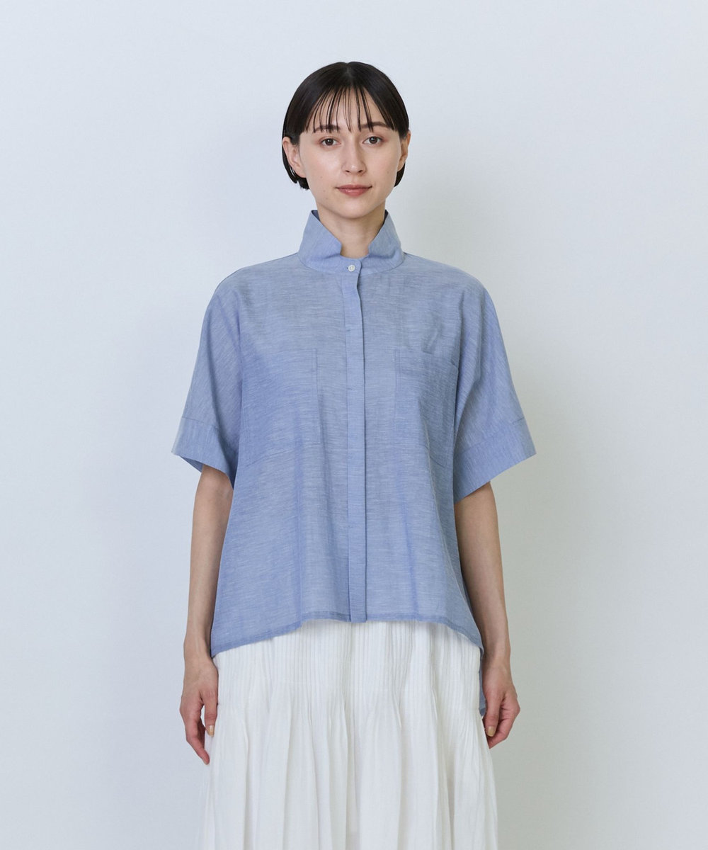 LOISIR エステル綿麻ローンオーバーシャツ サックスブルー