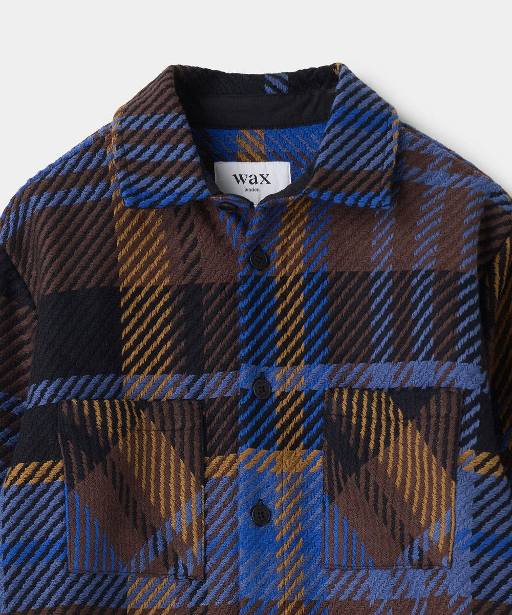 MEN'S BIGI wax london Whiting Blue And Brown Bold Check Overshirt ブルー