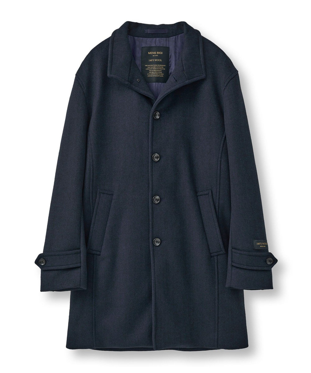 MEN'S BIGI Super140ウールヘリンボーンビーバー スタンドカラーコート ネイビー