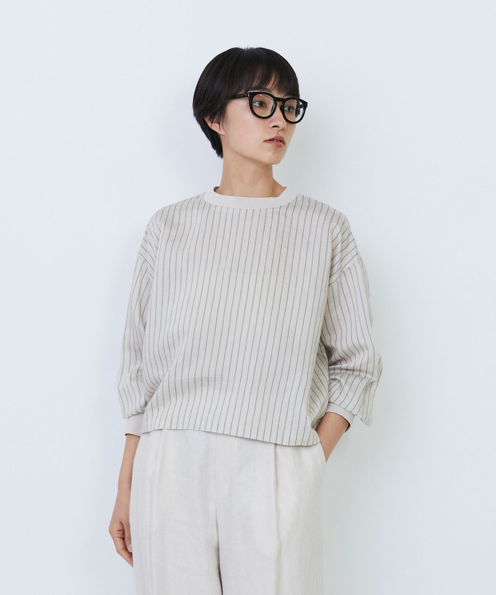 LOISIR リブ使いショートブラウス ストライプ