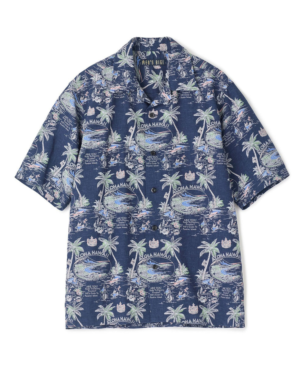 MEN'S BIGI レーヨンリネン 復刻プリントアロハシャツ ネイビー