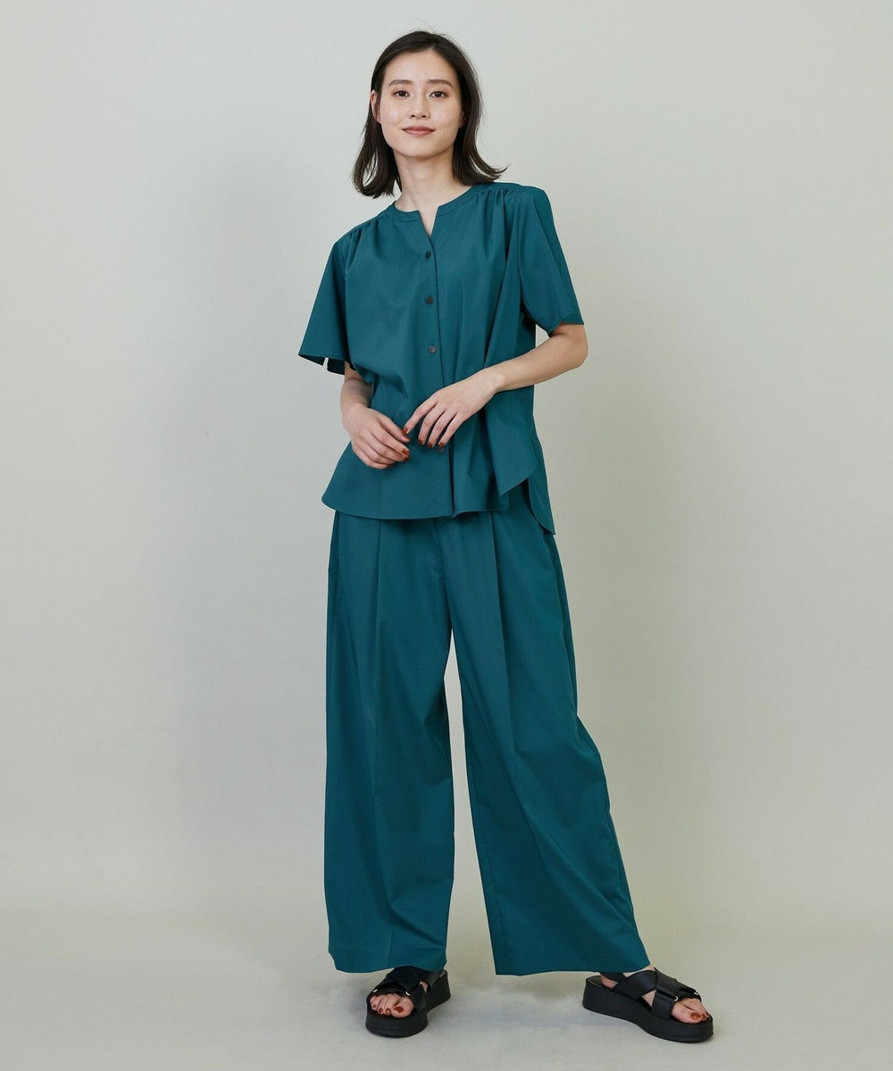 L'EQUIPE ミストプレーンストレッチワイドパンツ ブルーグリーン