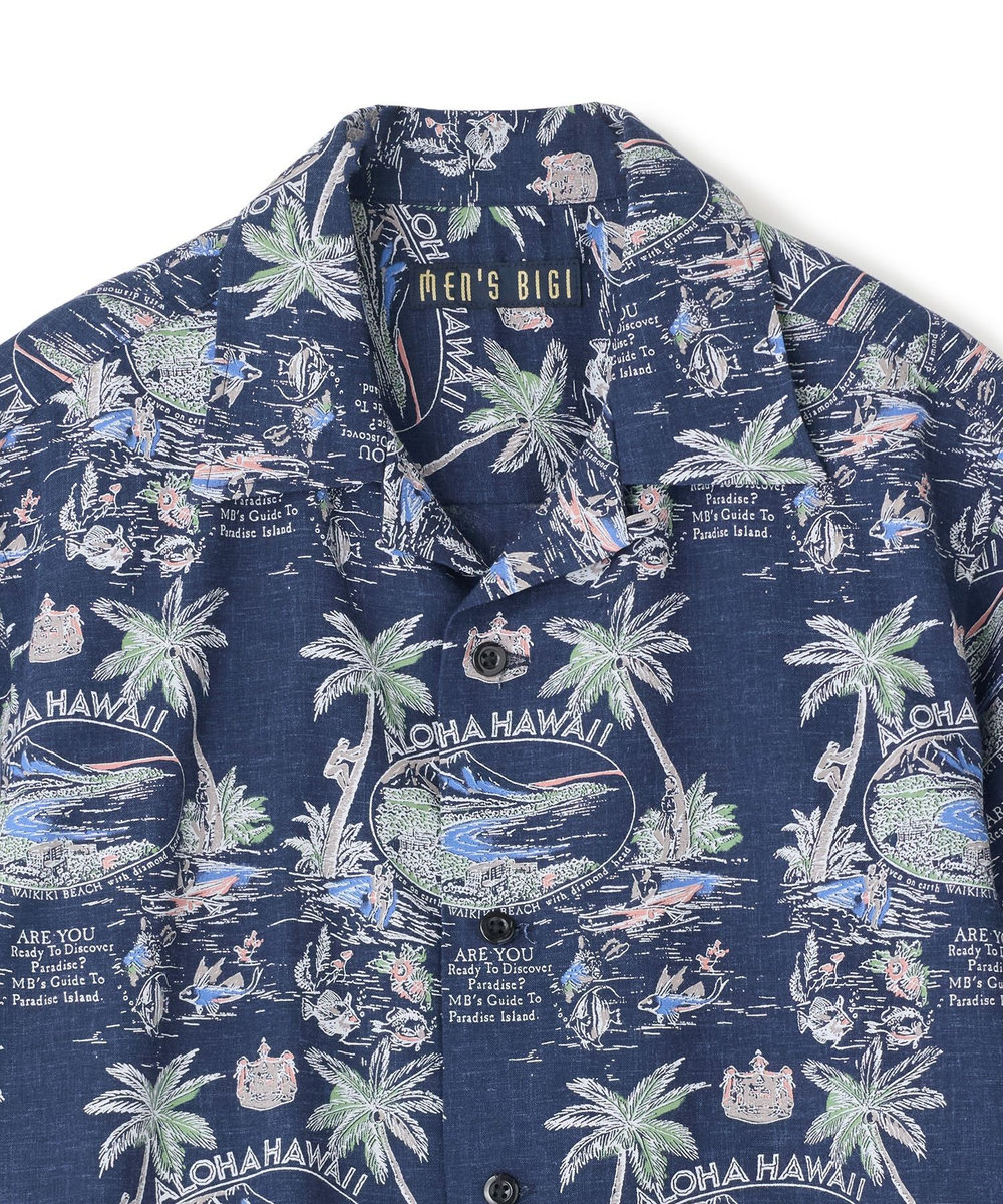 MEN'S BIGI レーヨンリネン 復刻プリントアロハシャツ ネイビー