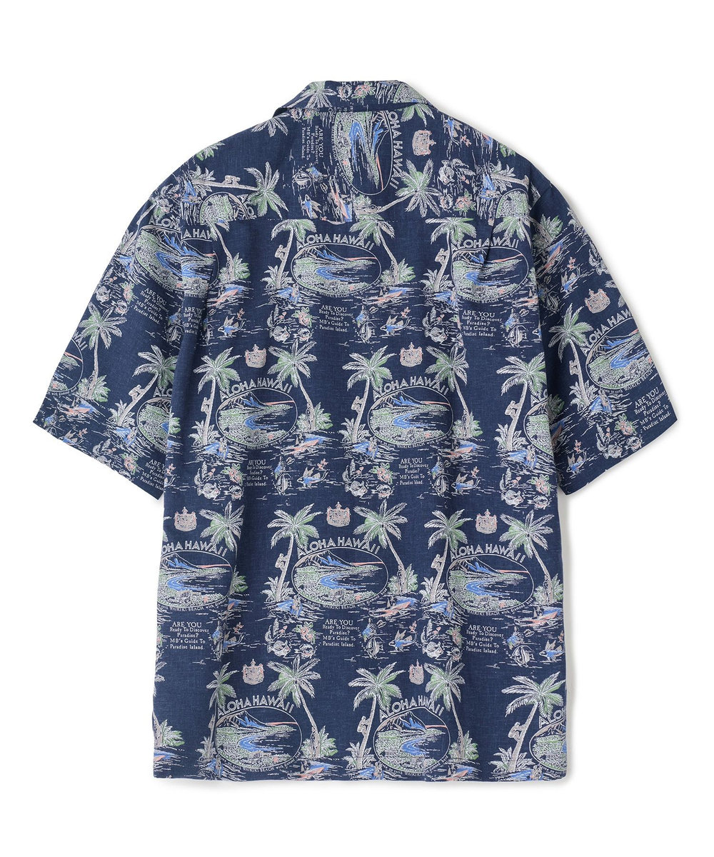 MEN'S BIGI レーヨンリネン 復刻プリントアロハシャツ ネイビー