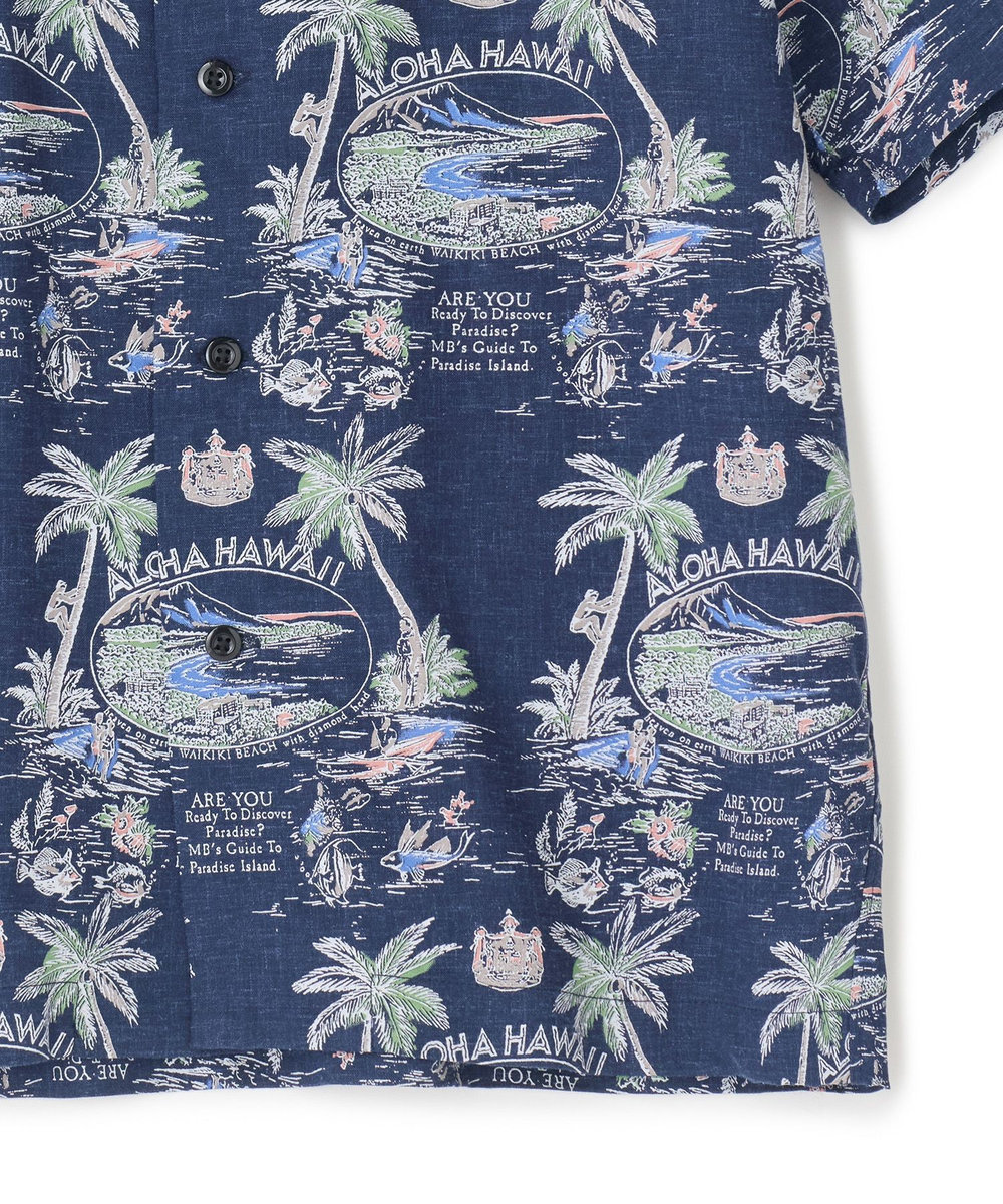 MEN'S BIGI レーヨンリネン 復刻プリントアロハシャツ ネイビー