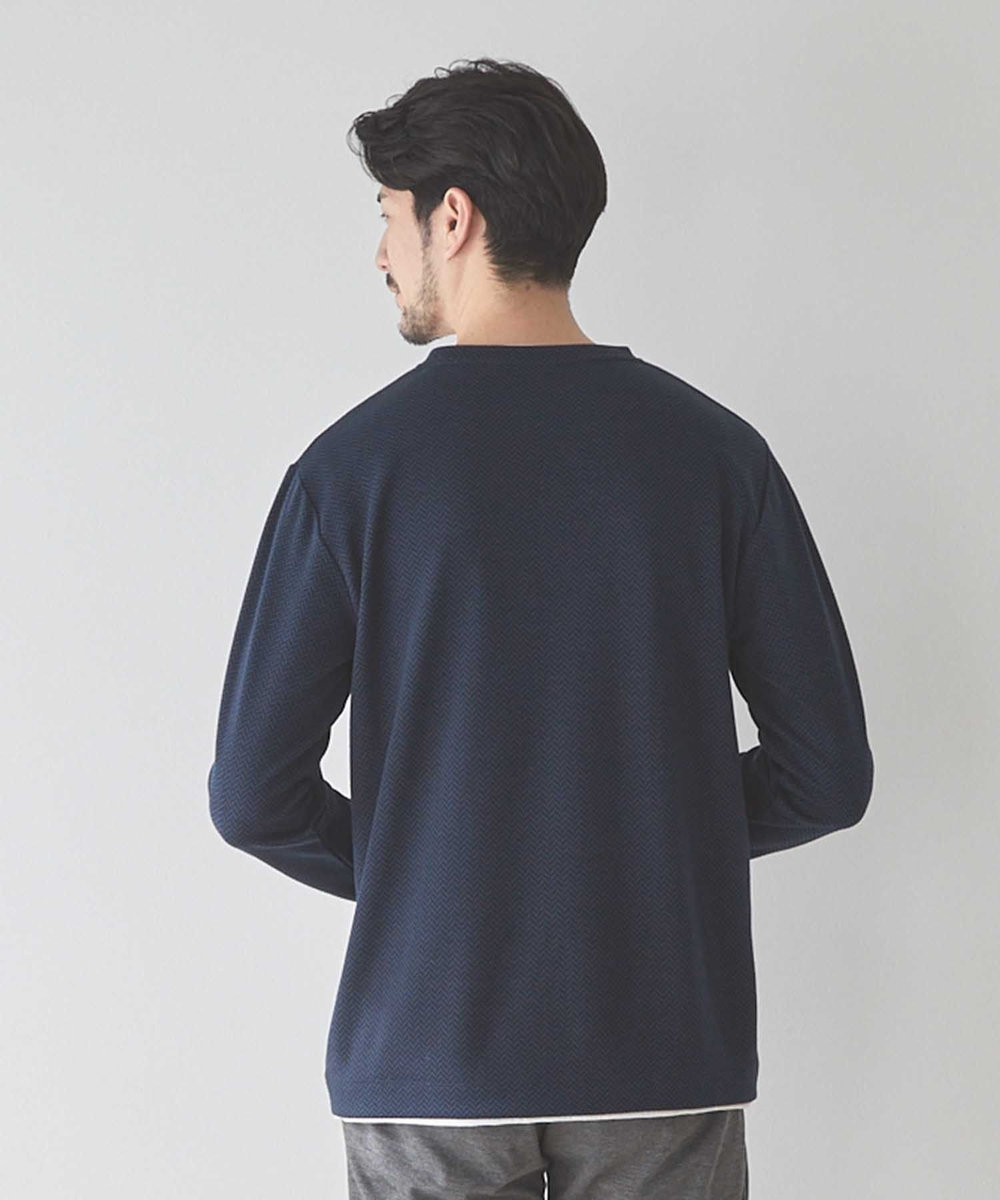 UNION STATION ウェーブジャガード柄フェイクレイヤードクルーTee ネイビー