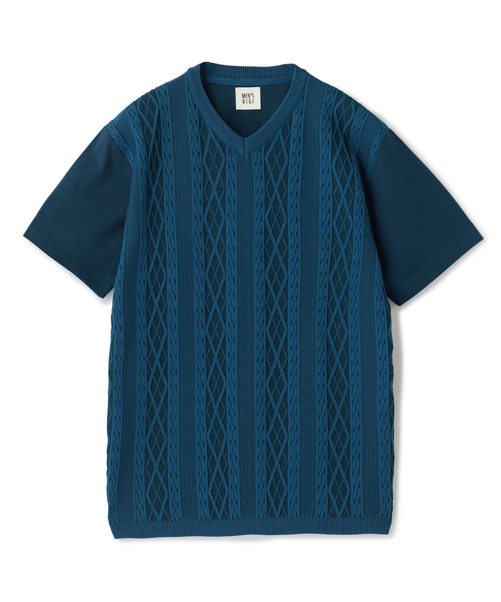 MEN'S BIGI アラン調 ニットコンビTシャツ ブルー