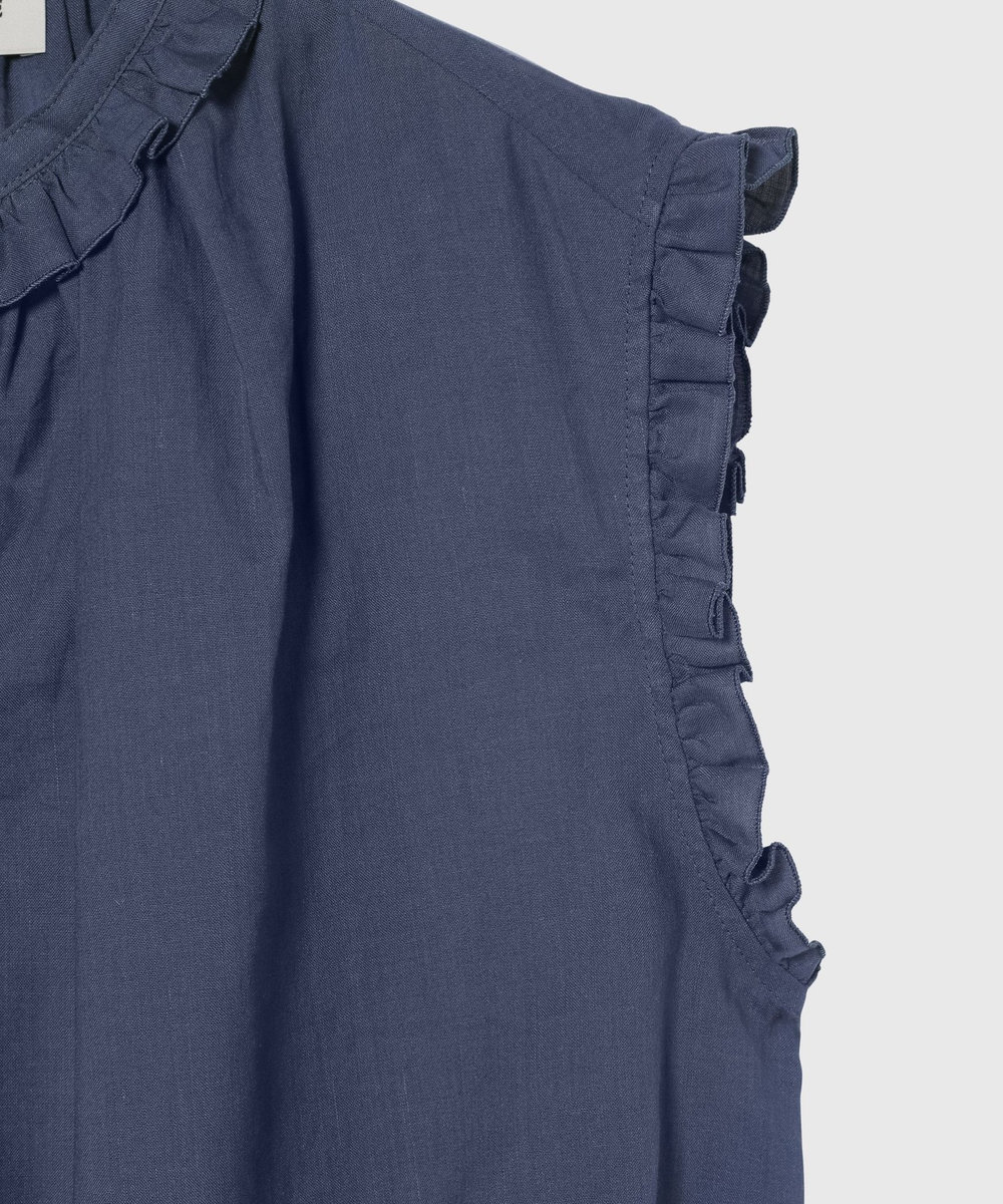DÉPAREILLÉ RAMIE COTTON SLEEVELESS FRILL BLOUSE / ラミーコットンスリーブレスフリルブラウス ブルー