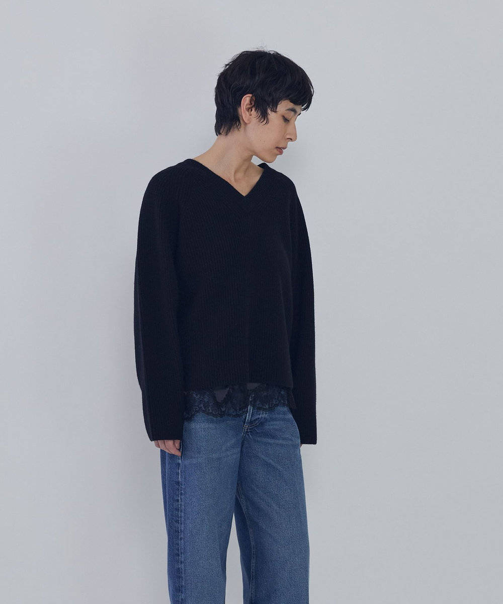 1er Arrondissement ウールナイロン畦Vネックプルオーバー ブラック