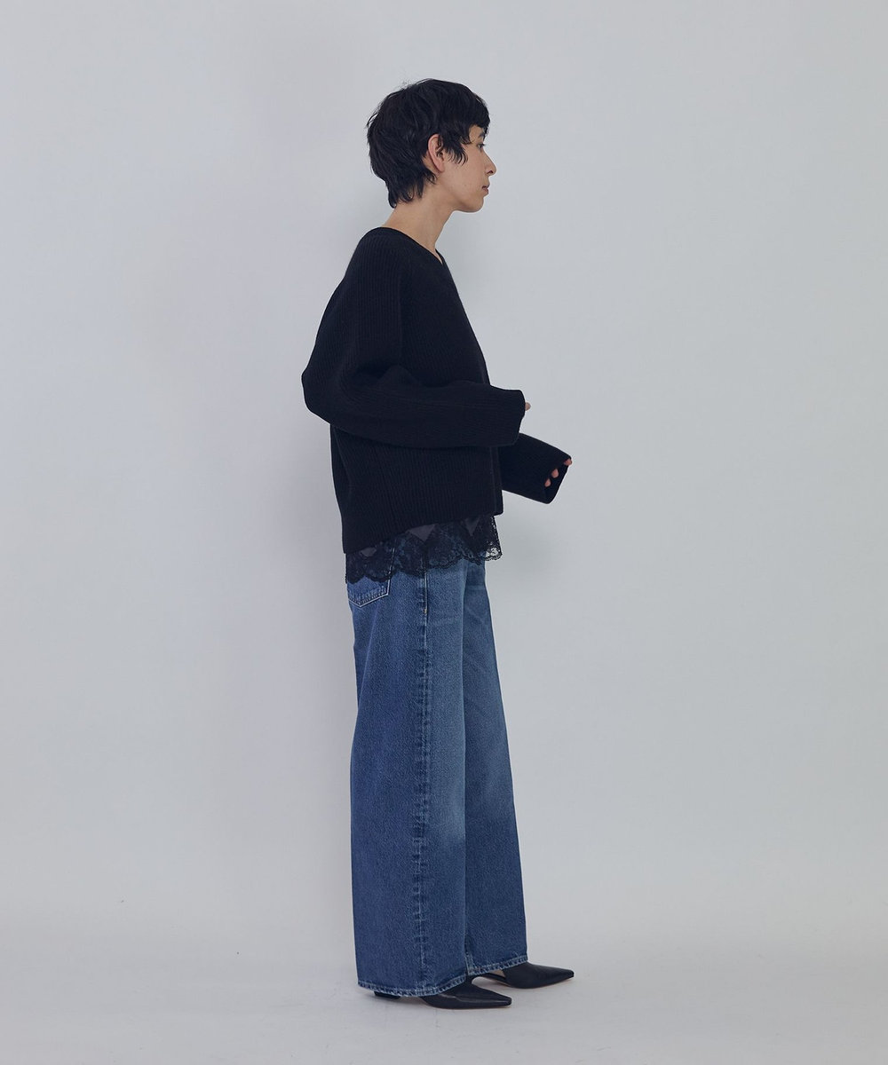 1er Arrondissement ウールナイロン畦Vネックプルオーバー ブラック