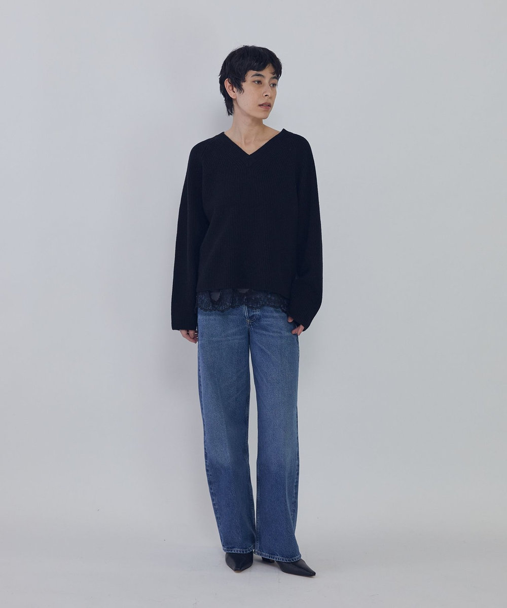 1er Arrondissement ウールナイロン畦Vネックプルオーバー ブラック