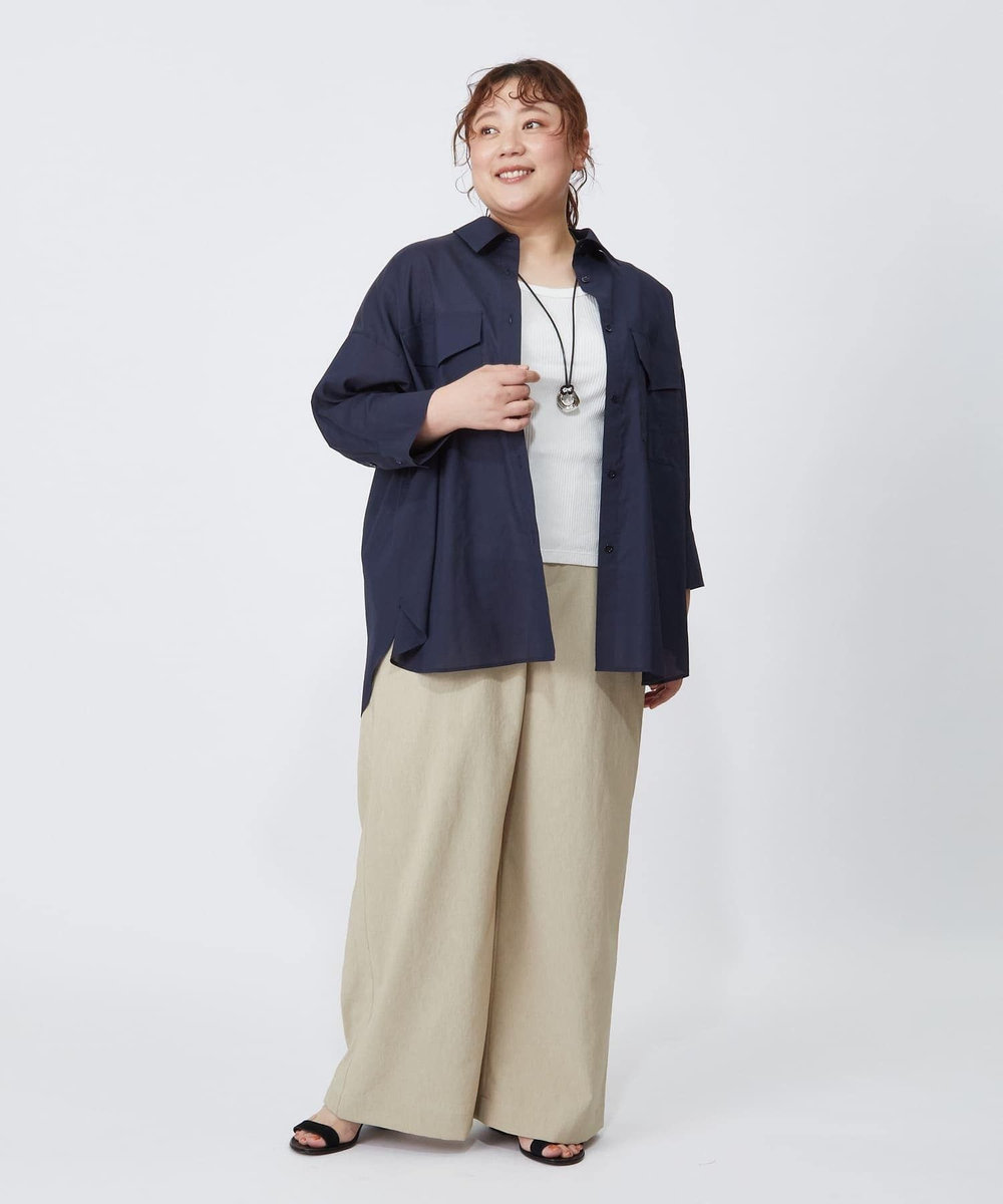 MOGA Lサイズ（大きいサイズ） 【大きいサイズ】フラットオーガンジーシャツカラーシアーブラウス ネイビー
