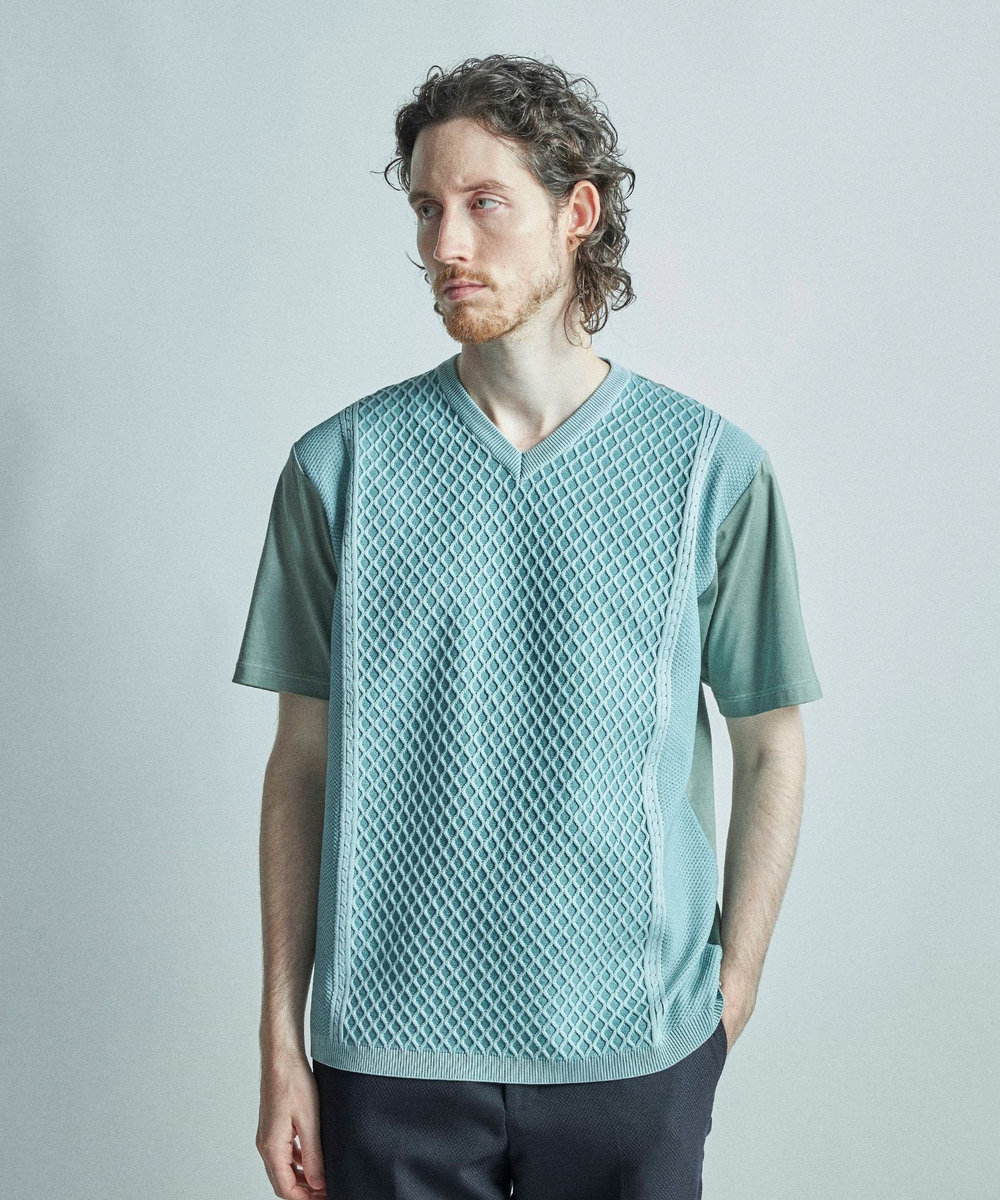 MEN'S BIGI サマーニットコンビVネック半袖Tシャツ ミント