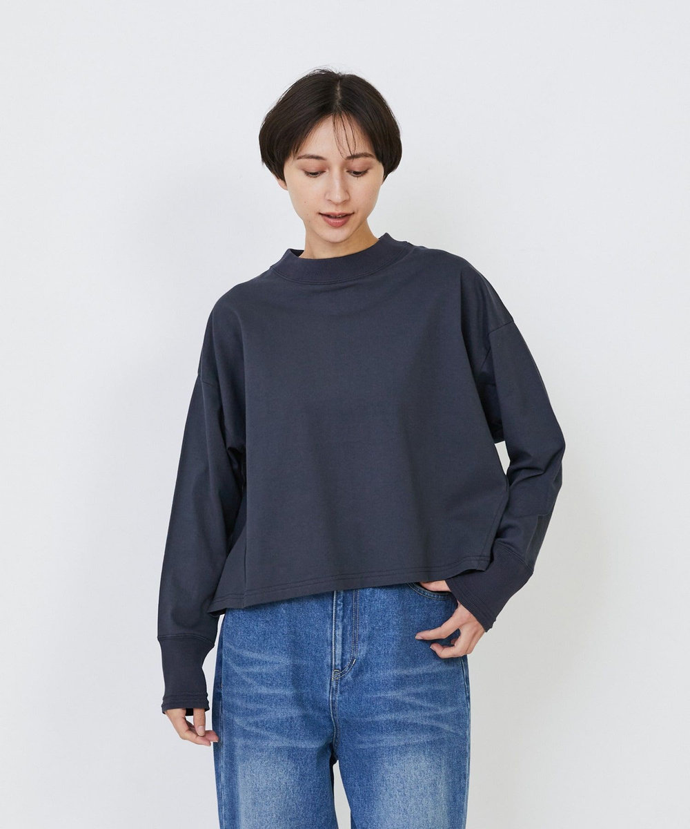 LOISIR コットン天竺モックネックショートプルオーバー チャコールグレー