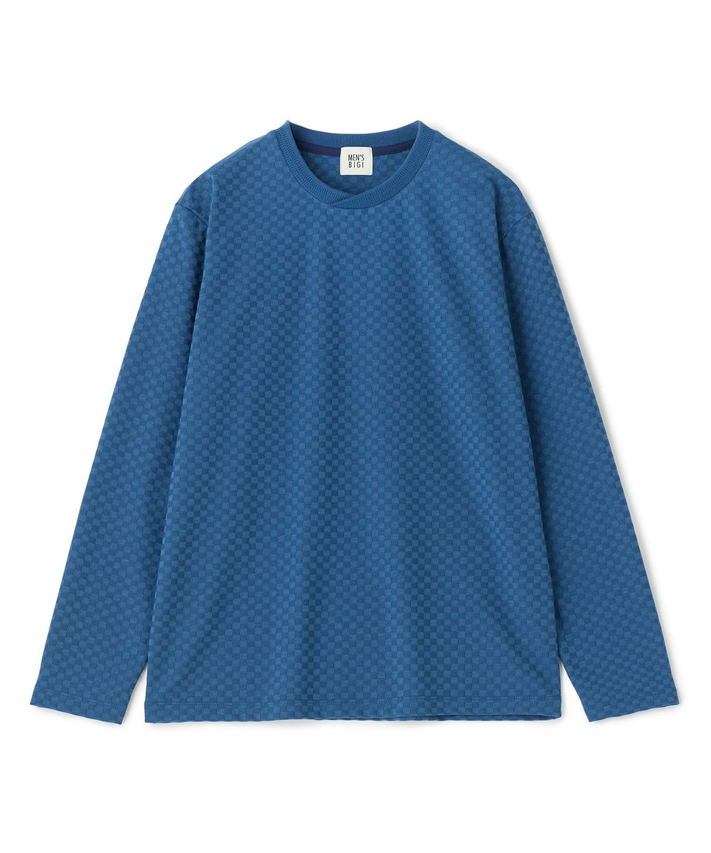 MEN'S BIGI リンクスジャカード 変形クルーネックロングTシャツ［抗菌防臭］ ブルー