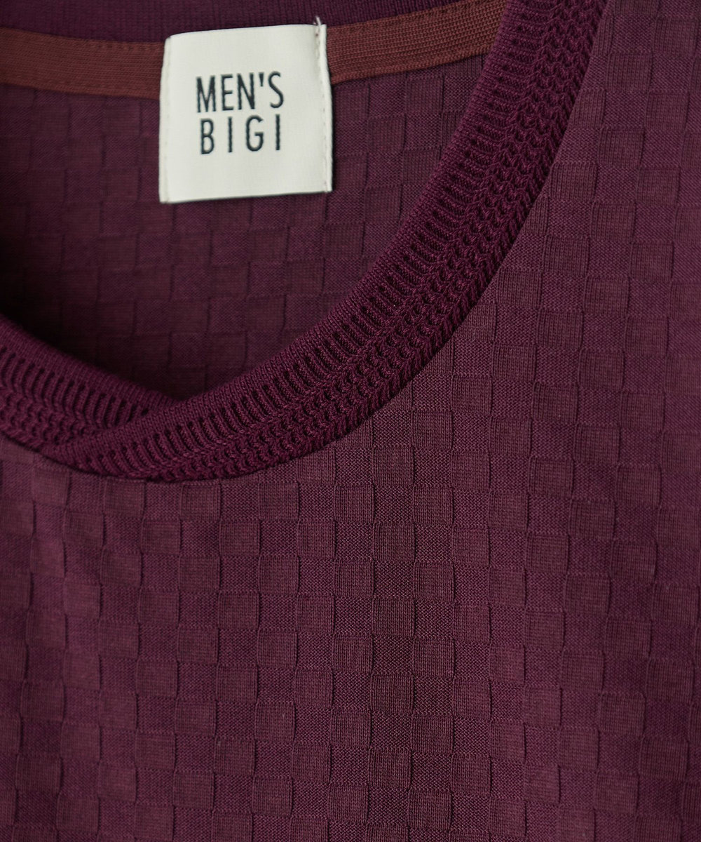 MEN'S BIGI リンクスジャカード 変形クルーネックロングTシャツ［抗菌防臭］ ボルドー