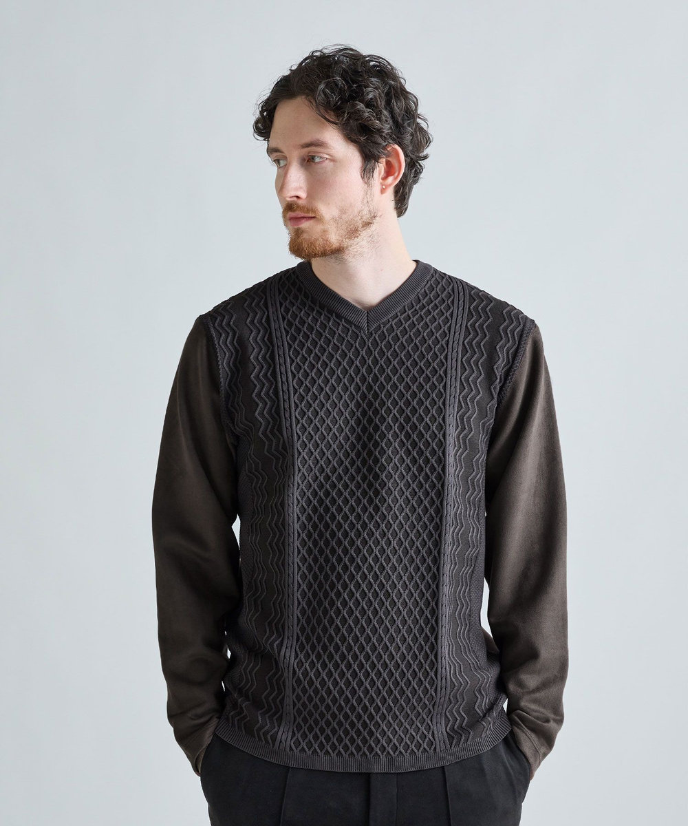 MEN'S BIGI アランパネル ニットコンビVネックロングTEE ブラウン