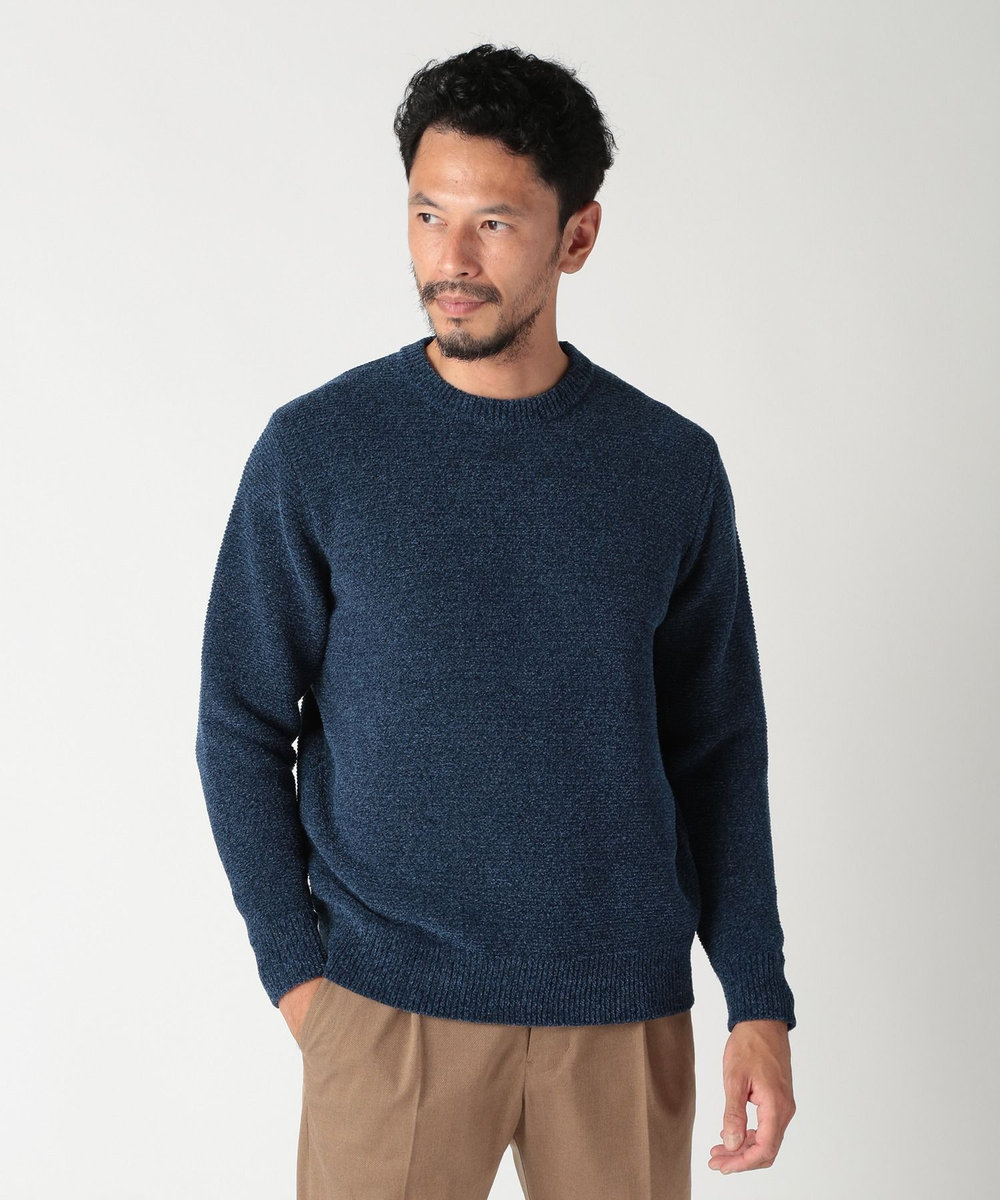 MEN'S BIGI 7G撚糸モールガータークルーネックニット ブルー