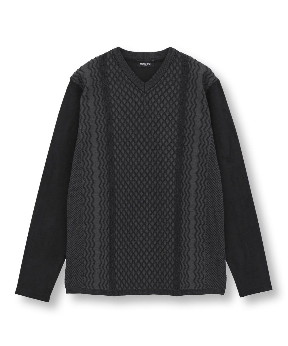 MEN'S BIGI ニットコンビ フェイクスエード長袖Tシャツ ブラック