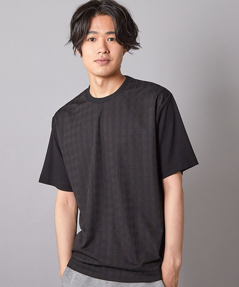 UNION STATION チェックジャガード×袖ポンチ 異素材Tシャツ ブラック