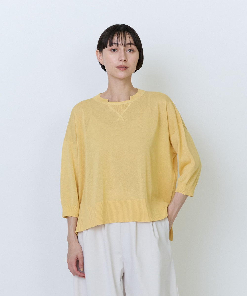 LOISIR エステルペーパー鹿の子編みプルオーバー イエロー