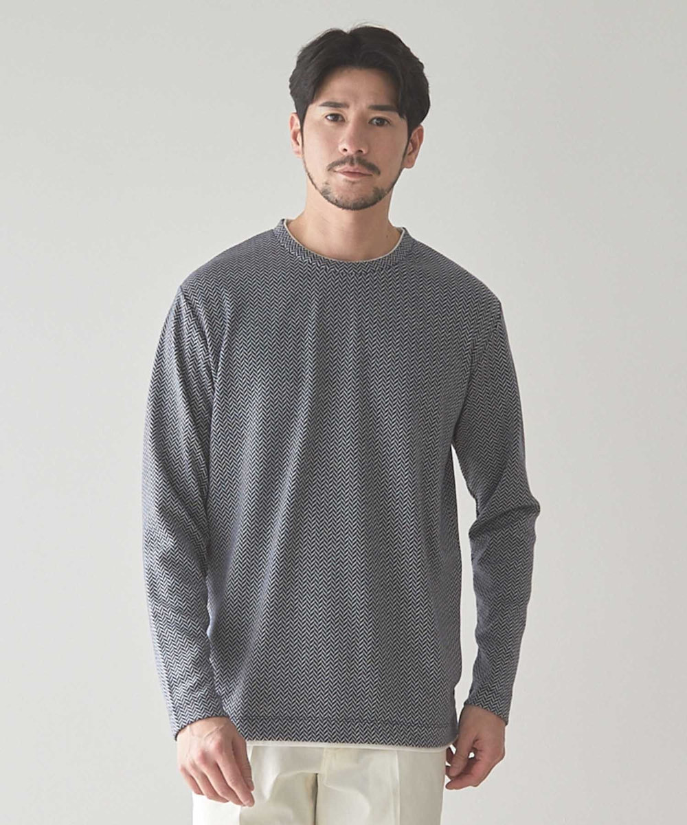 UNION STATION ウェーブジャガード柄フェイクレイヤードクルーTee ネイビー
