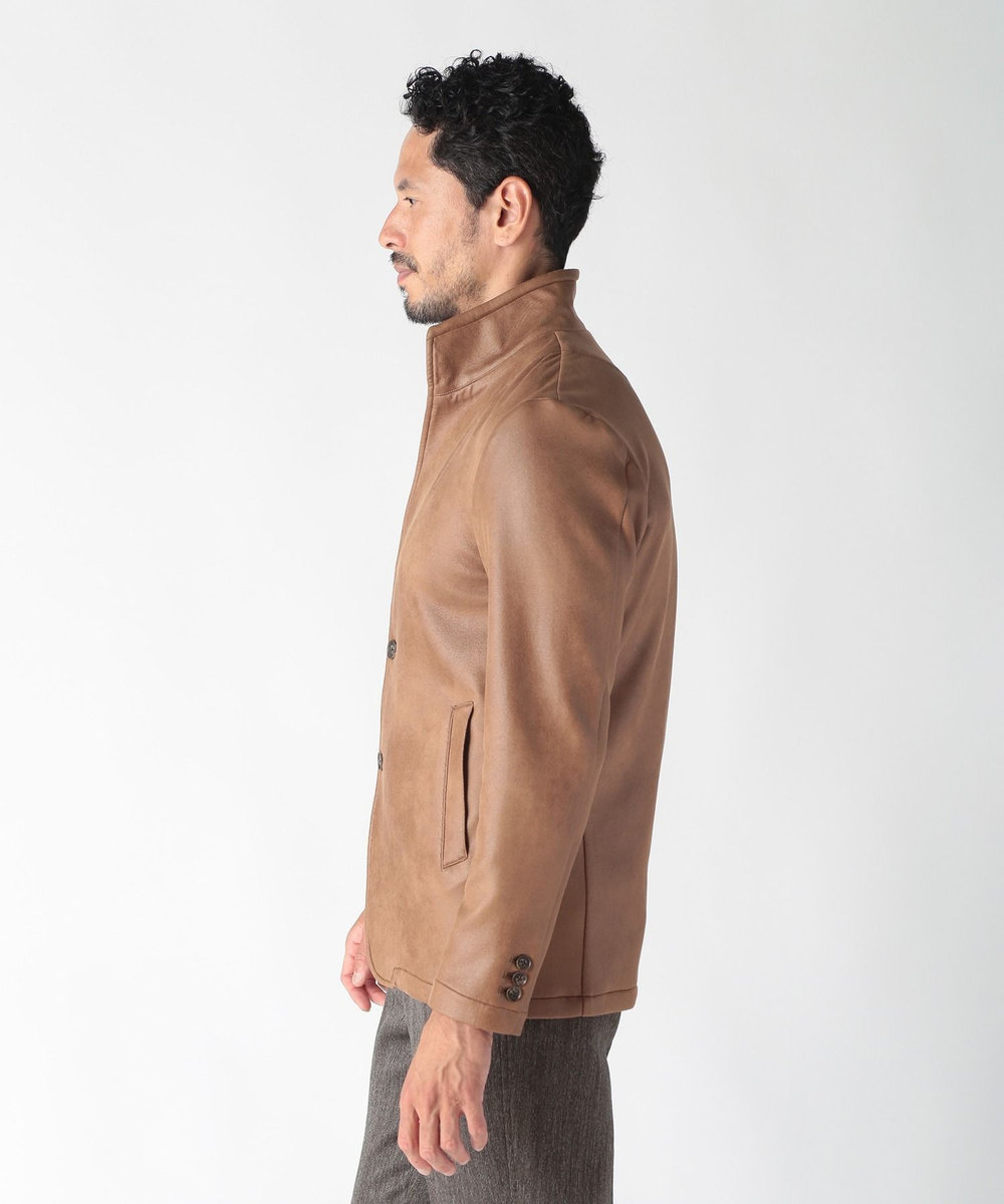 MEN'S BIGI レザー調ダンボールジャージスタンドカラージャケット ブラウン
