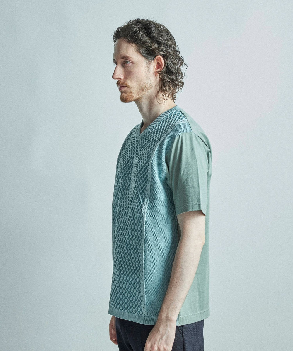 MEN'S BIGI サマーニットコンビVネック半袖Tシャツ ミント