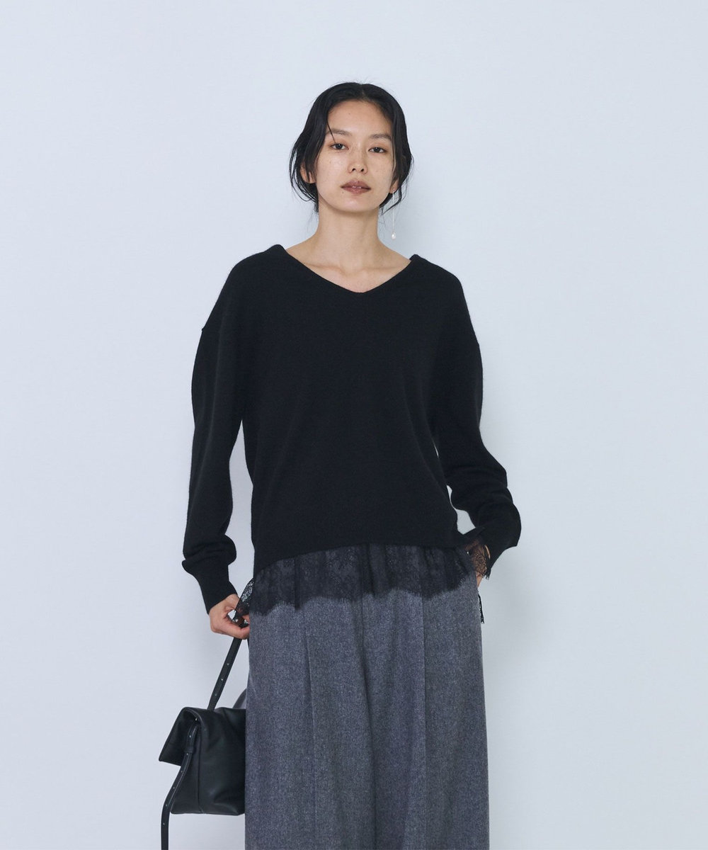 1er Arrondissement へアリータッチレースVネックニット ブラック
