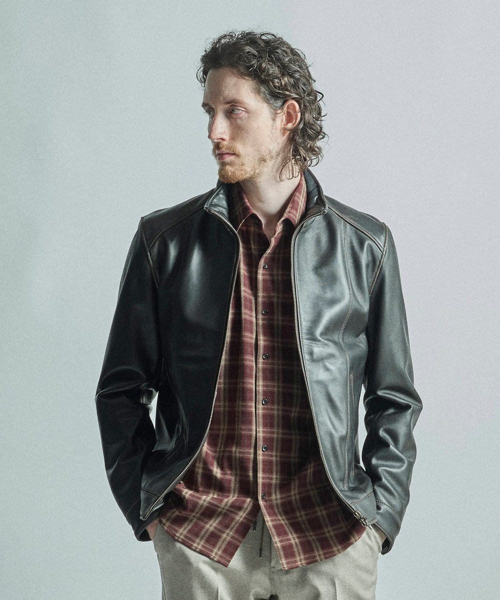 MEN'S BIGI スタンドカラーシングルライダース シープレザージャケット＜エイジング加工＞ ブラック