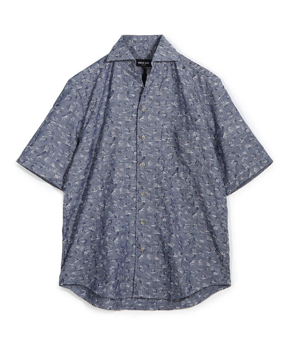 MEN'S BIGI ジャガードワンピースカラーハーフスリーブシャツ ブルー