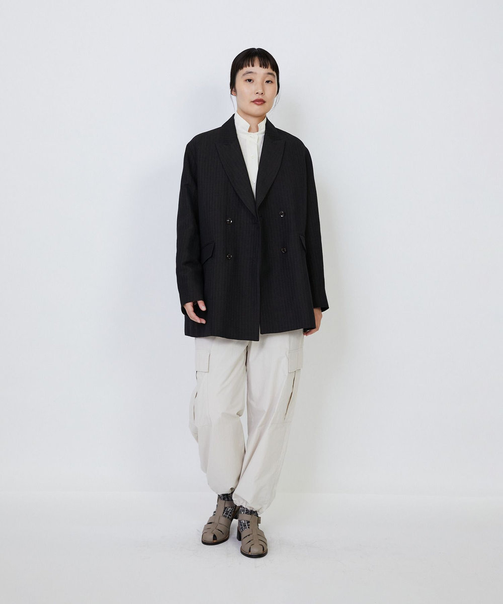 LOISIR ウールリネンヘリンボーンダブルブレストジャケット チャコールグレー