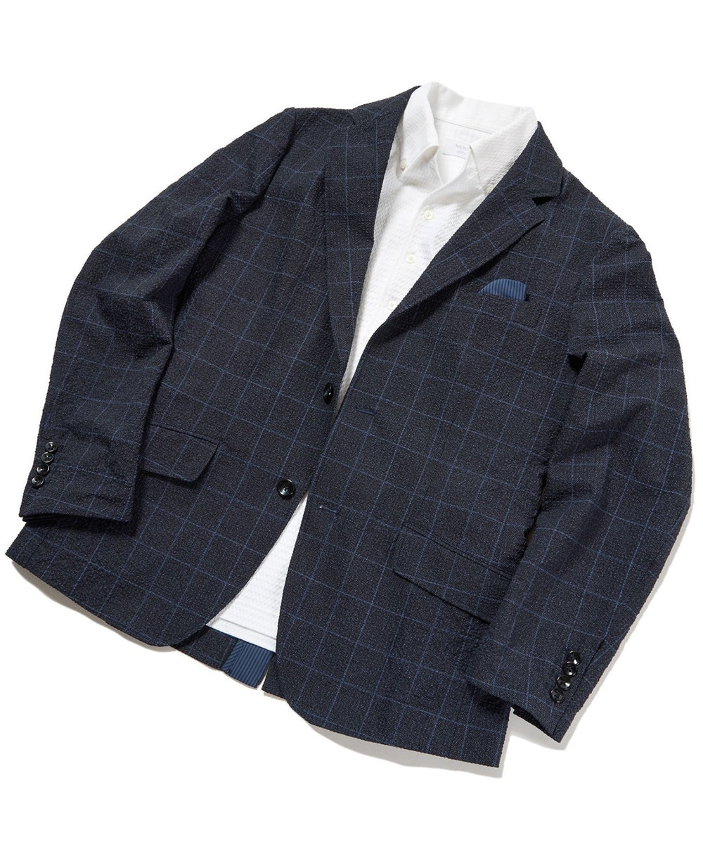 MEN'S BIGI 【ACTIVE TAILOR】3Dサッカープリントテーラードジャケット<セットアップ対応> ネイビー