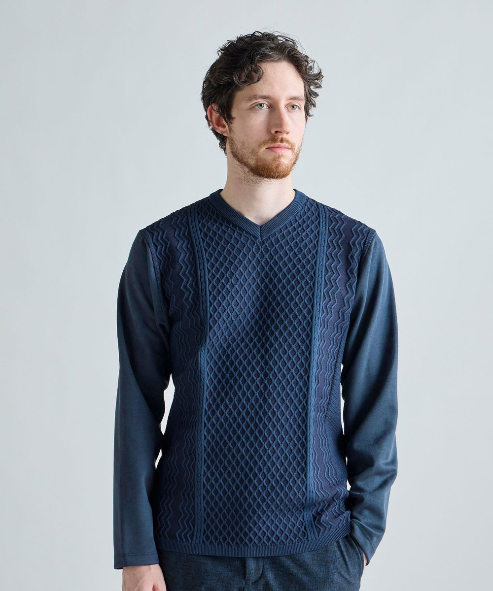 MEN'S BIGI アランパネル ニットコンビVネックロングTEE ネイビー