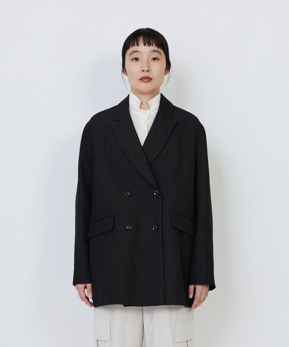 LOISIR ウールリネンヘリンボーンダブルブレストジャケット チャコールグレー
