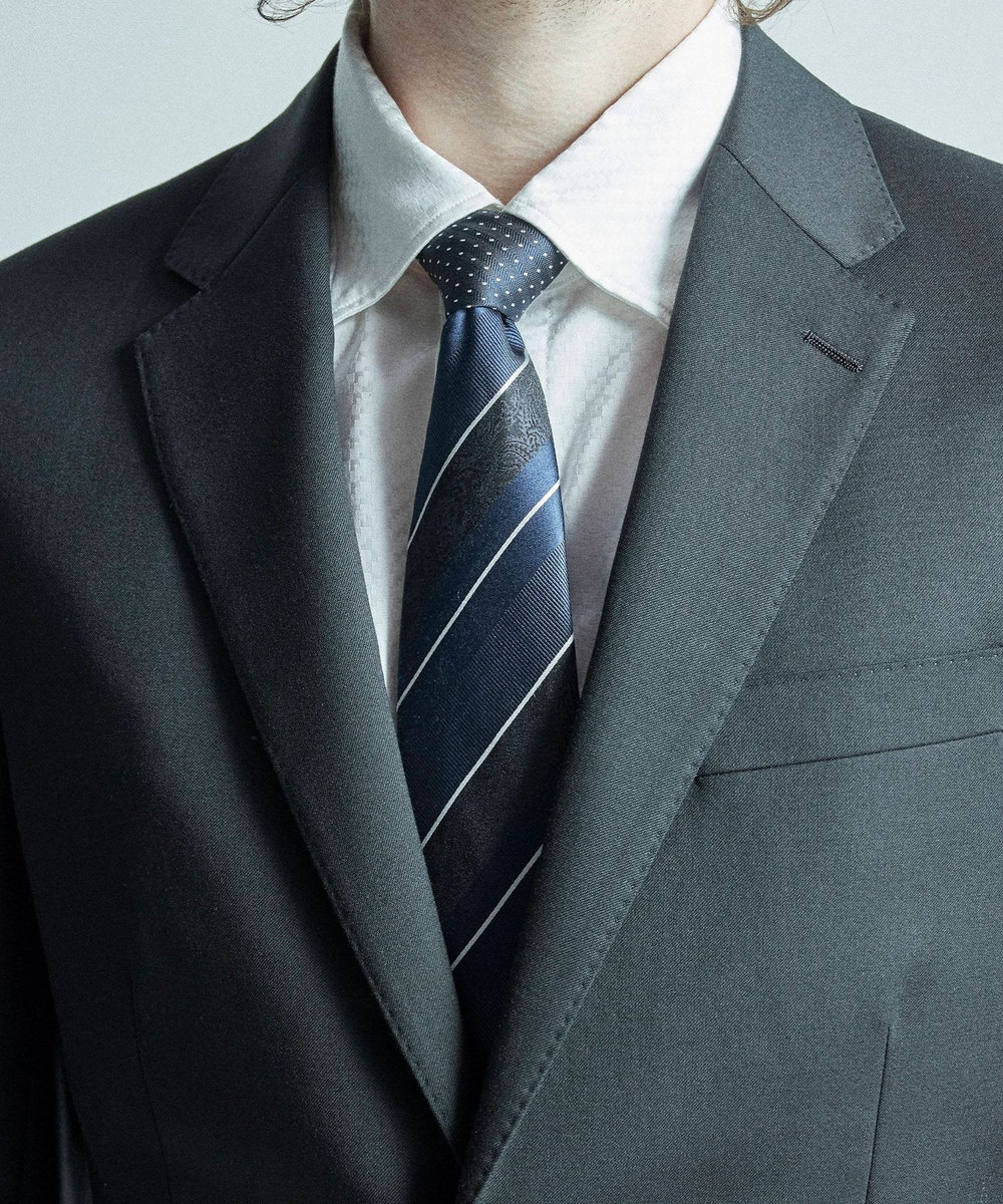 MEN'S BIGI シャドーペイズリーストライプ×ピンドット柄シルクネクタイ ネイビー