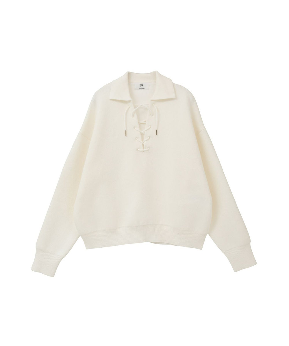 1er Arrondissement レースアップポロニットプルオーバー オフホワイト